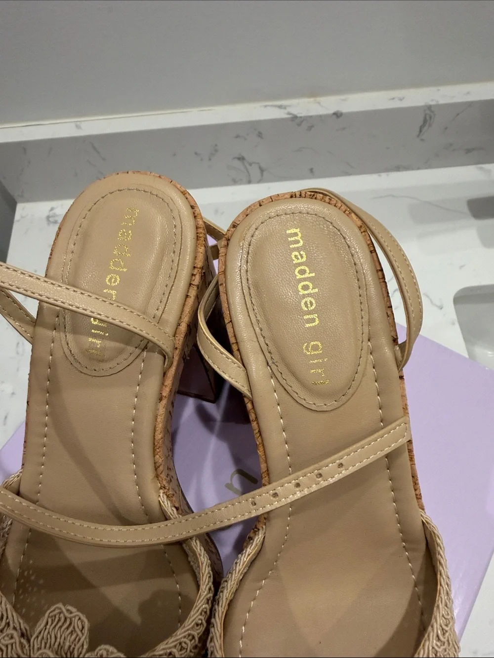 Madden Girl Natural Tan Cork Platform Sandals with Floral Crochet Strap